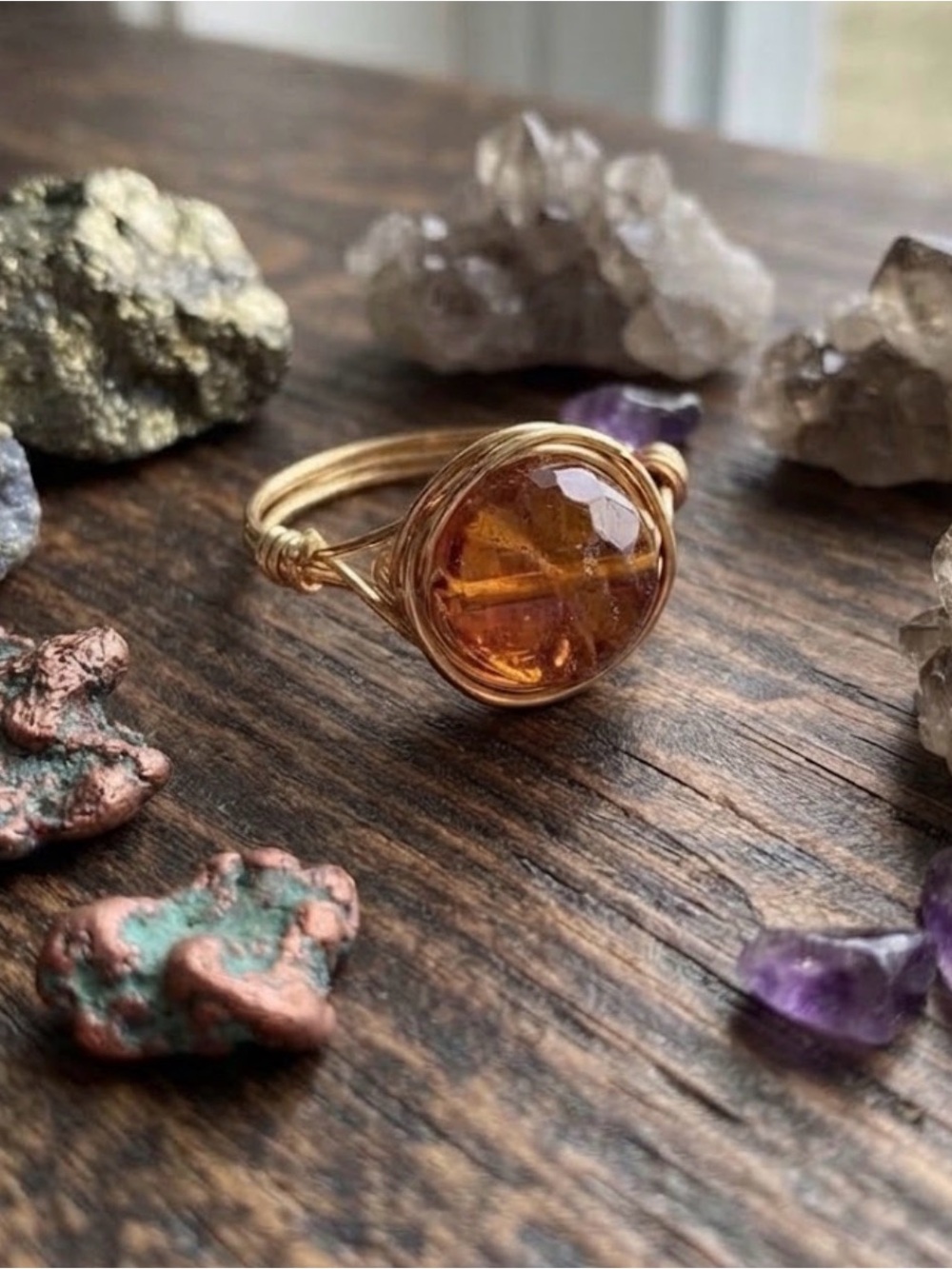 Handcrafted Amber Glass Wire-Wrap Ring - Gold Tone